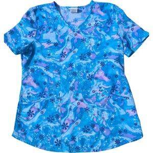 ScrubStar Top In Blue With Snowflake Pattern Size S